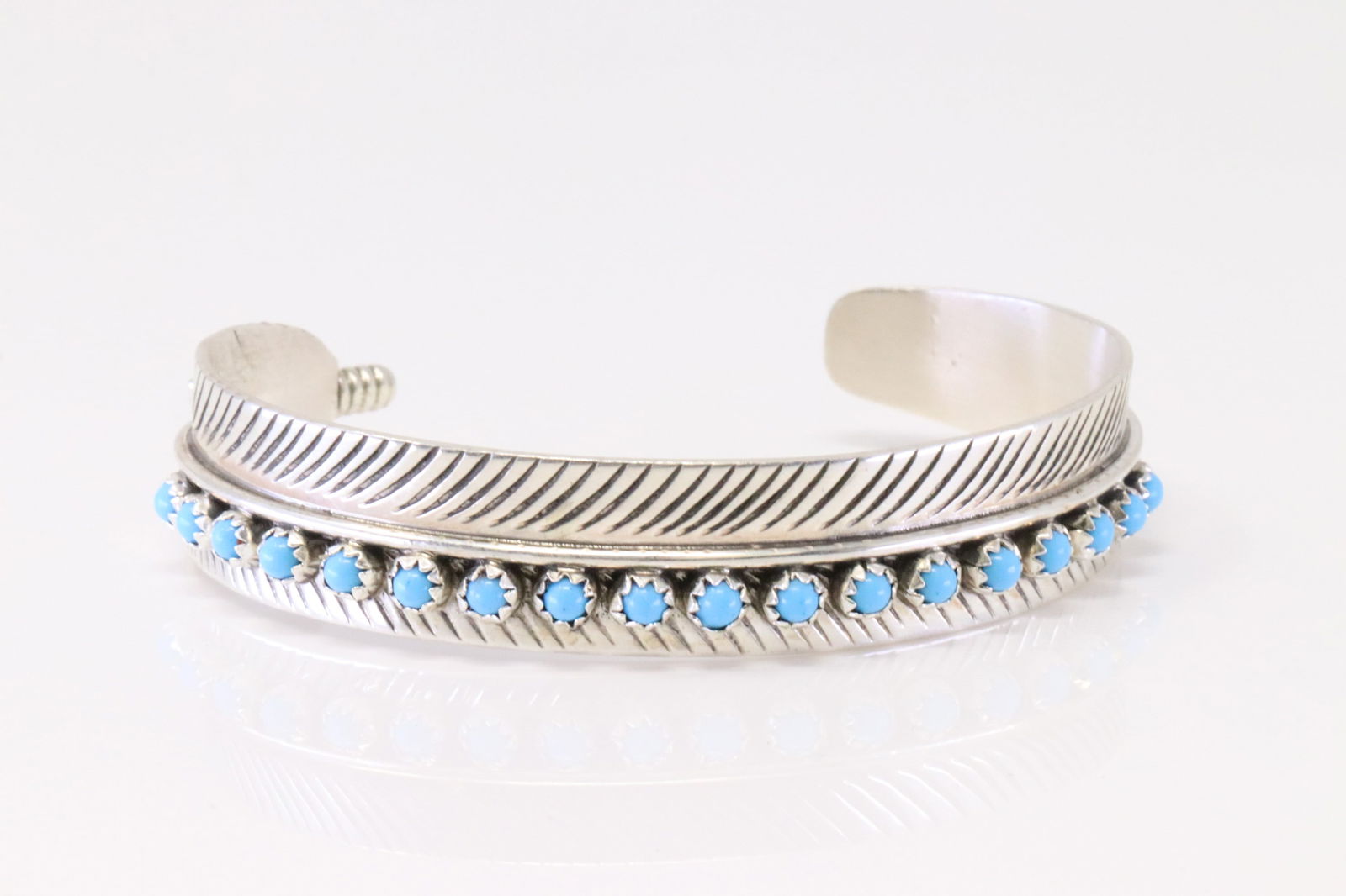 Native America Navajo Sterling Silver Turquoise Feather Bracelet Cuff By Aaron Davis. (1 of 4)