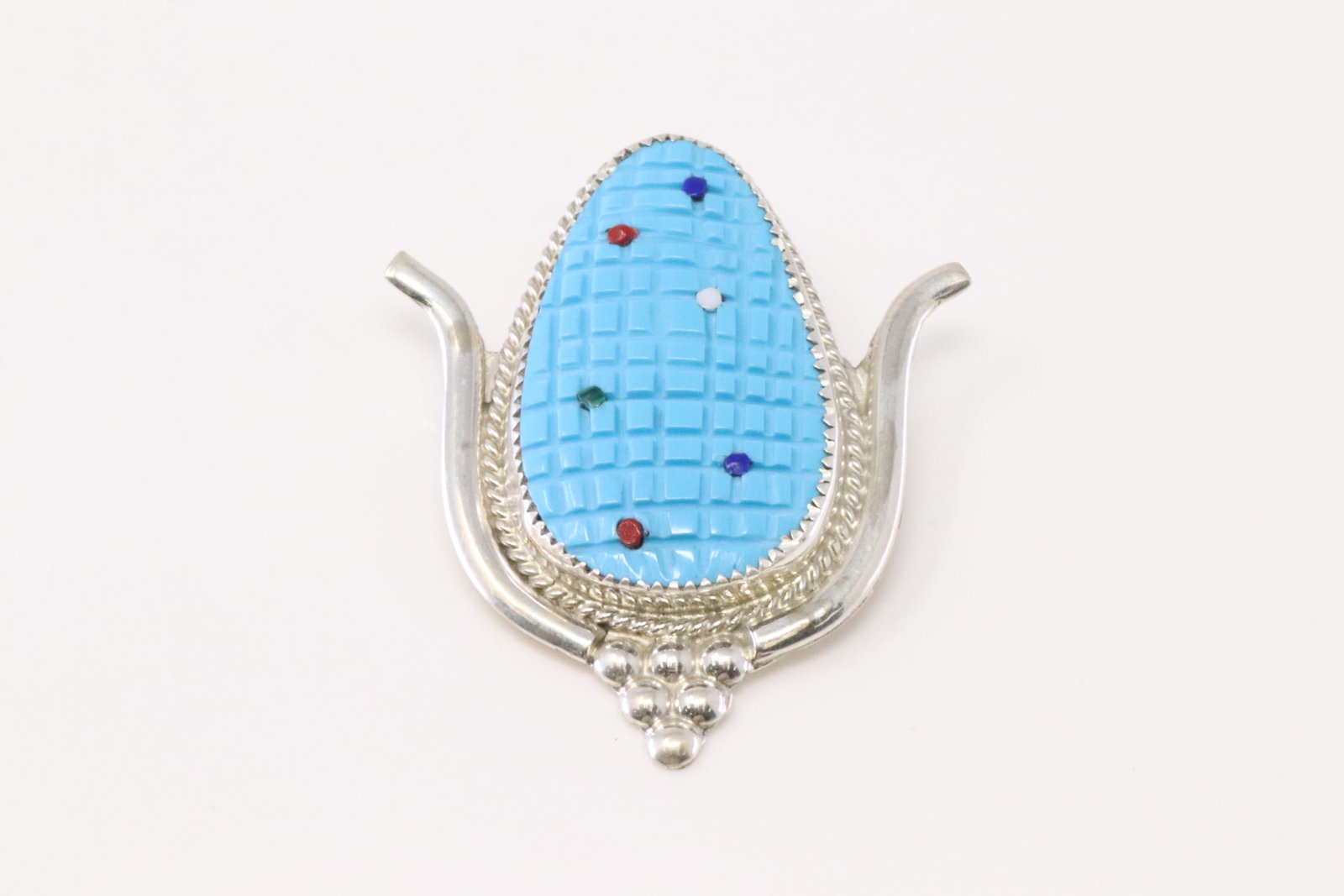 Native America Zuni Sterling Silver Turquoise Corn Pin / Pendant By Kane Etsate.: This is a Native America Zuni Sterling Silver Turquoise Corn Pin / Pendant By Kane Etsate.