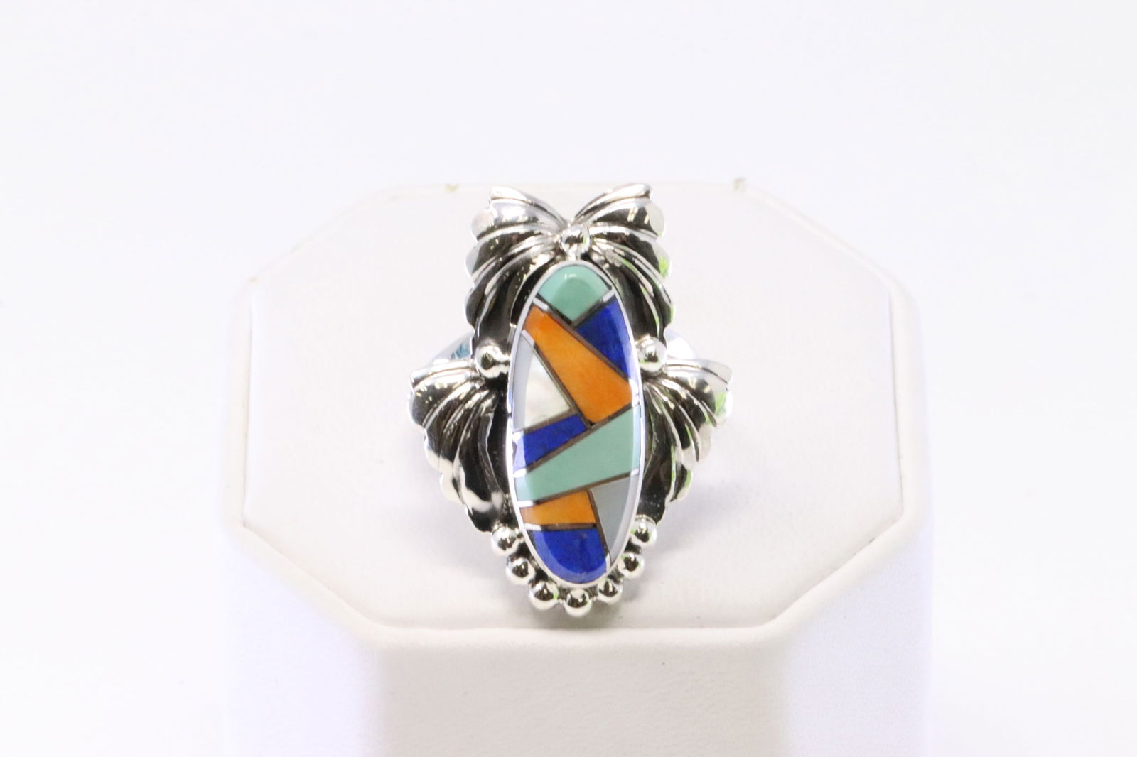 Native America Navajo Sterling Silver Multi-Color Inlay By J.Y.: This is a Native America Navajo Sterling Silver Multi-Color Inlay By J.Y. Ring size: 9.75.