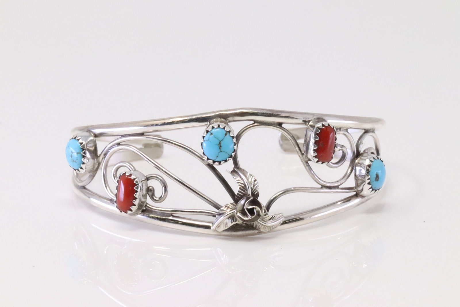 Native American Navajo Sterling Silver Coral & Turquoise Bracelet Cuff By Max Calladitto.: This is a Native American Navajo Sterling Silver Coral & Turquoise Bracelet Cuff By Max Calladitto.