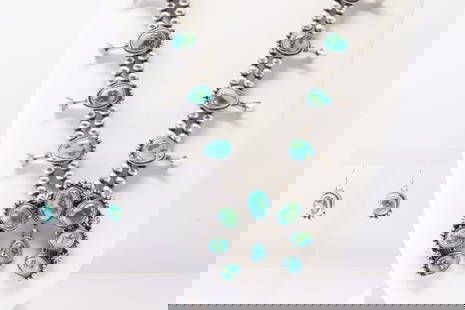 Native American Navajo Sterling Silver Sonora Gold Turquoise Squash Blossom Necklace & Earring Set: This is a Native American Navajo Sterling Silver Sonora Gold Turquoise Squash Blossom Necklace & Earring Set By Thomas Francisco. Necklace length: 26.00"