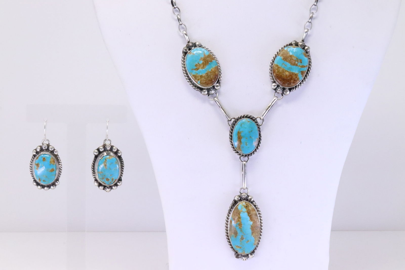 Native America Navajo Sterling Silver Boulder Turquoise Necklace & Earring's Set By Augustine Largo. (1 of 6)