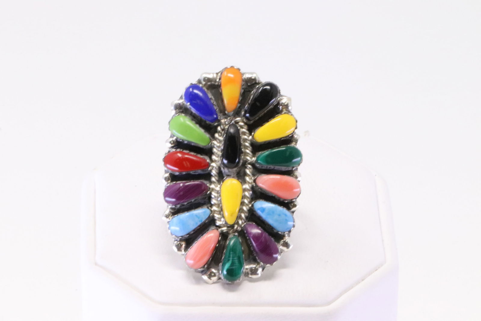 Native America Navajo Sterling Silver Synthetic Multi-Color Ring By J.W. (1 of 4)