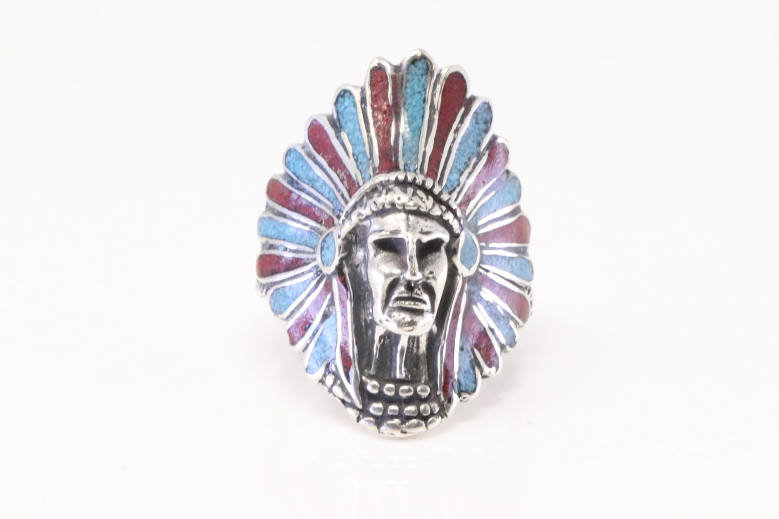Native America Navajo Sterling Silver Men Coral & Turquoise Non Indian Head Ring. (1 of 4)