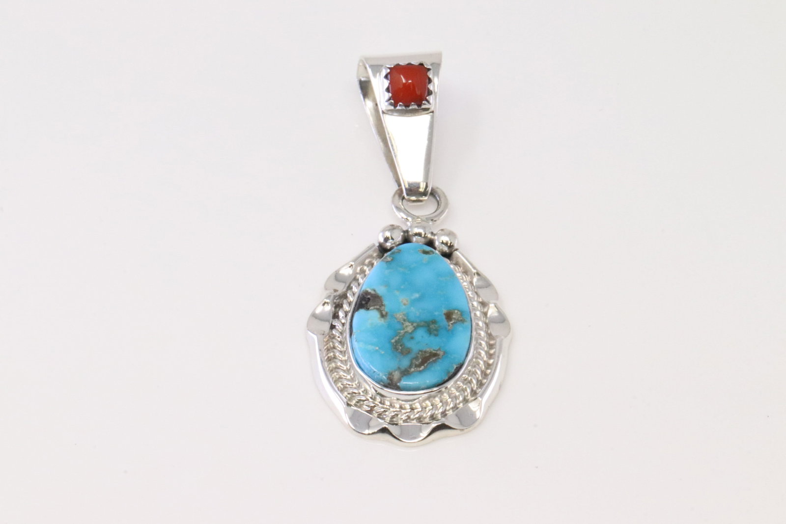 Native America Navajo Sterling Silver Coral & Turquoise Pendant By Samuel Yellowhair.: This I sa Native America Navajo Sterling Silver Coral & Turquoise Pendant By Samuel Yellowhair.