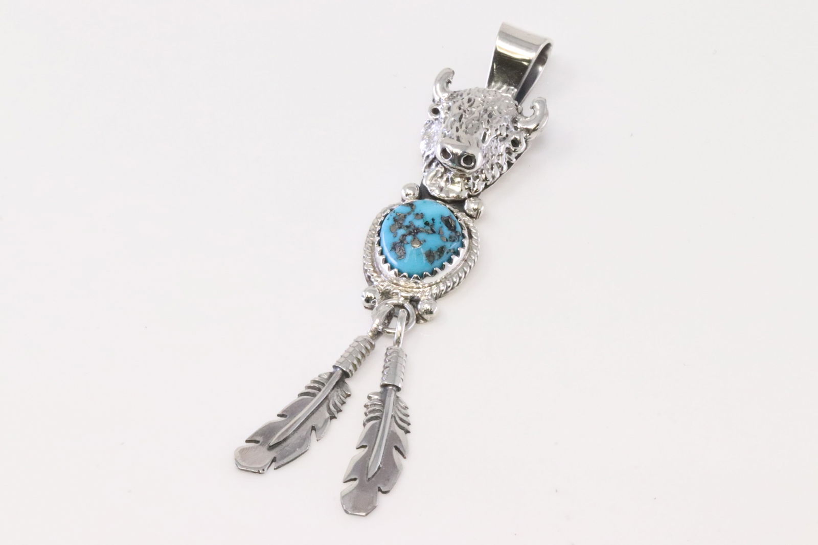 Native America Navajo Sterling Silver Turquoise Buffalo Head / Feather Pendant By Genevieve (1 of 2)