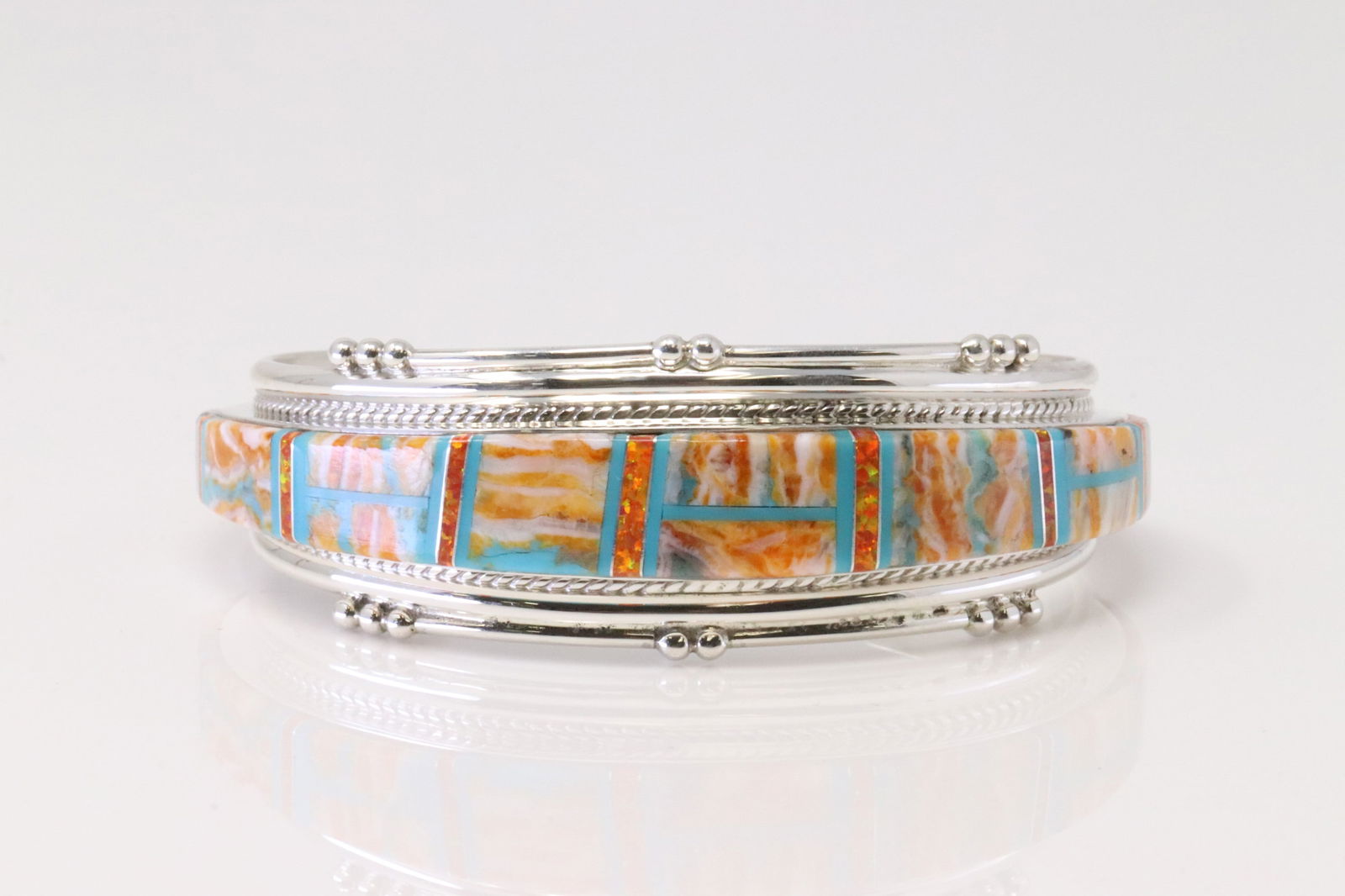Native America Navajo Sterling Silver Multi-Color Inlay Bracelet By Joan Douglas. (1 of 4)