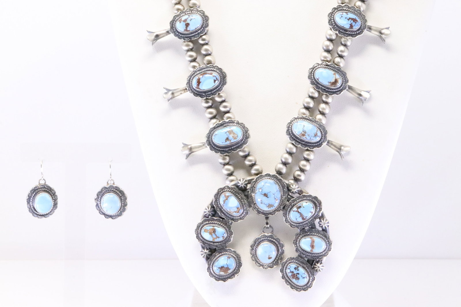 Native America Navajo Sterling Silver Golden Hills Turquoise Squash Blossom Necklace & Earring's Set: This is a Native America Navajo Sterling Silver Golden Hills Turquoise Squash Blossom Necklace & Earring's Set By Thomas Francisco. Necklace length: 26.00"