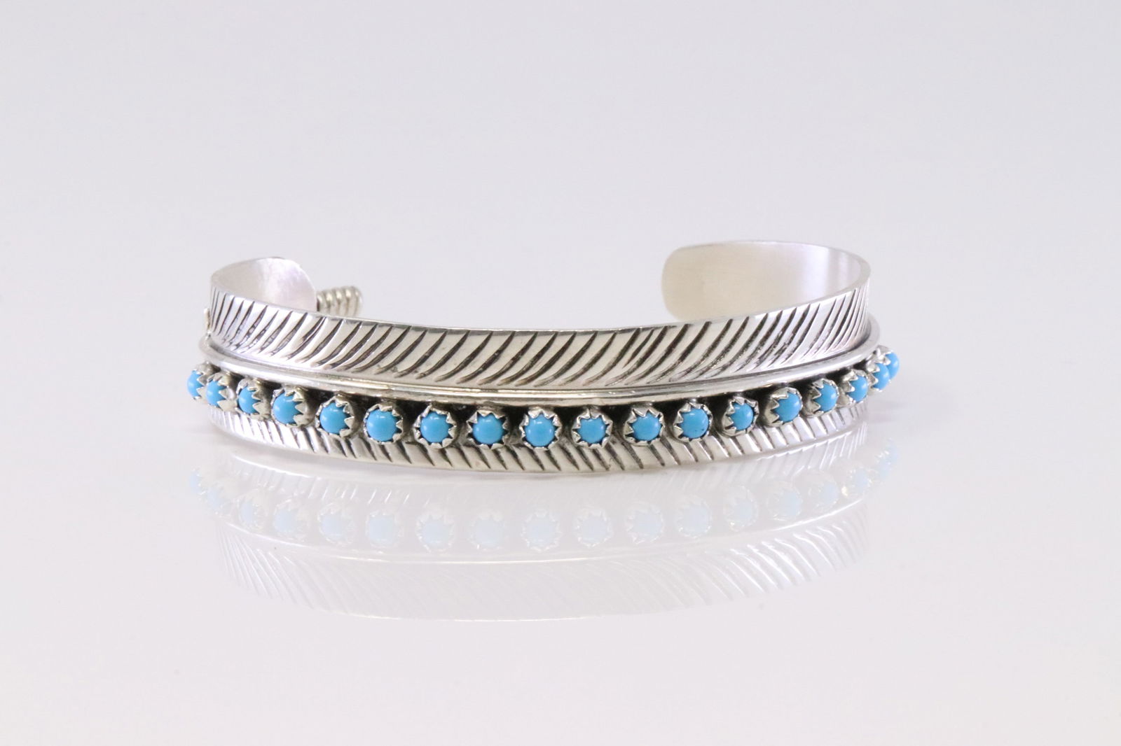 Native America Navajo Sterling Silver Turquoise Feather Bracelet Cuff By Aaron Davis. (1 of 4)