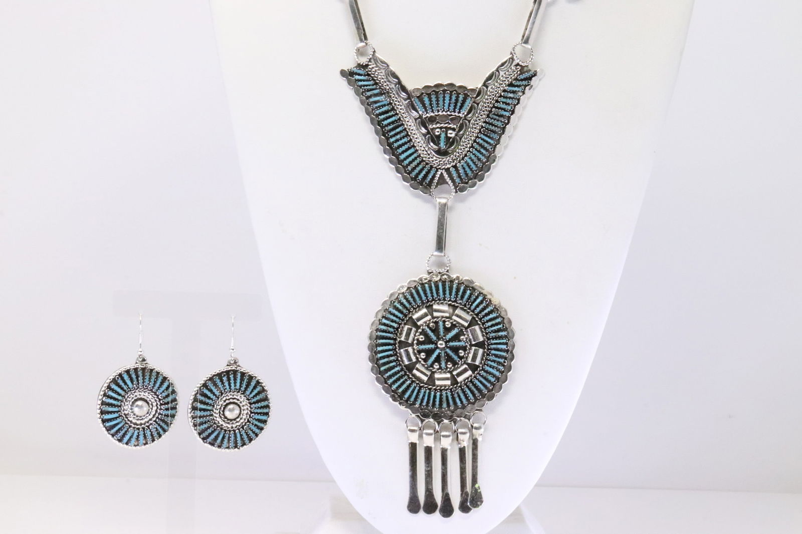 Native America Zuni Sterling Silver Turquoise Necklace & Dangling Earring's Set By Y. (1 of 6)