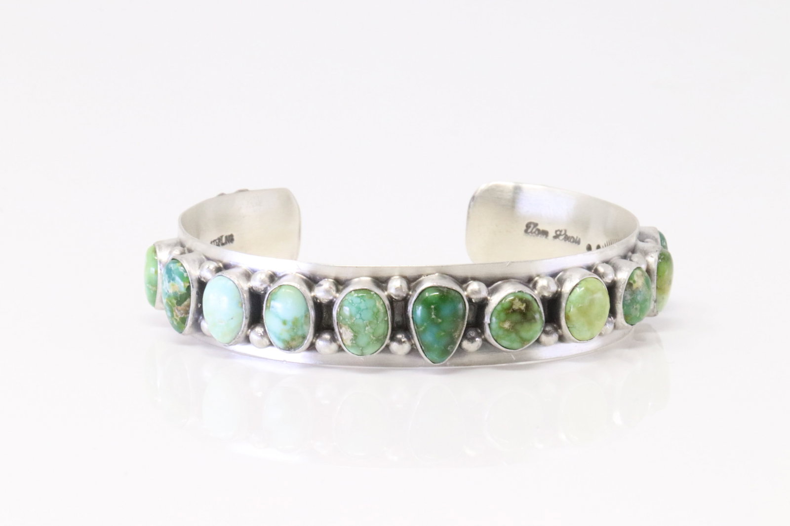 Native American Navajo Sterling Silver Sonora Gold Turquoise Bracelet By Tom Lewis.: This is a Native American Navajo Sterling Silver Sonora Gold Turquoise Bracelet By Tom Lewis.