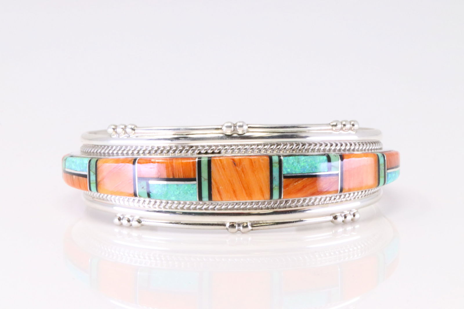 Native America Zuni Sterling Silver Multi-Color Stone Inlay Bracelet By Joan Douglas. (1 of 4)