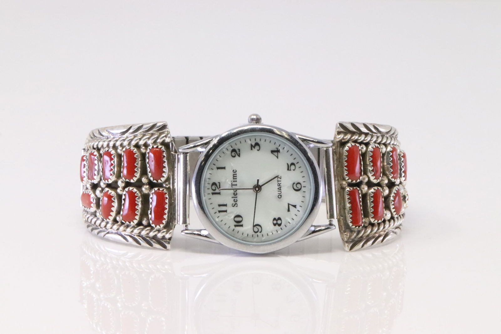Native America Navajo Sterling Silver Men Coral Stone Watch By Marlene Haley. (1 of 4)