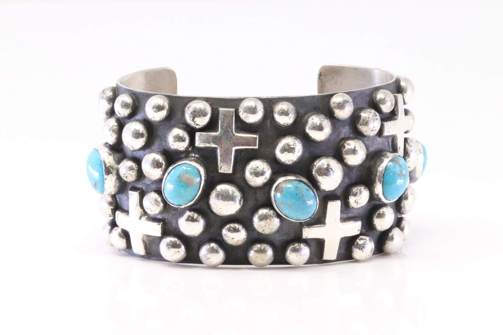 Native America Navajo Sterling Silver Turquoise Cross Bracelet Cuff By Chimney Butte. (1 of 4)