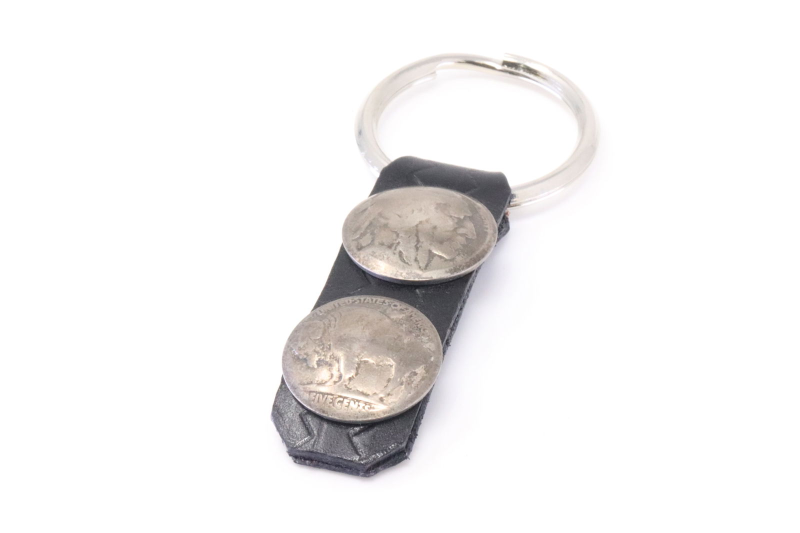 Native America Navajo Sterling Silver Double Buffalo Nickel Leather Strap Key Ring. (1 of 3)