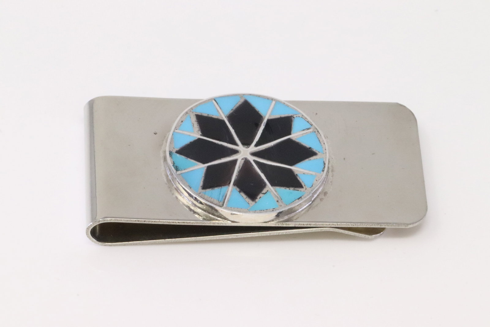 Native America Zuni Sterling Silver Black Onyx & Turquoise Money Clip By Dena Chavez.: This is a Native America Zuni Sterling Silver Black Onyx & Turquoise Money Clip By Dena Chavez.