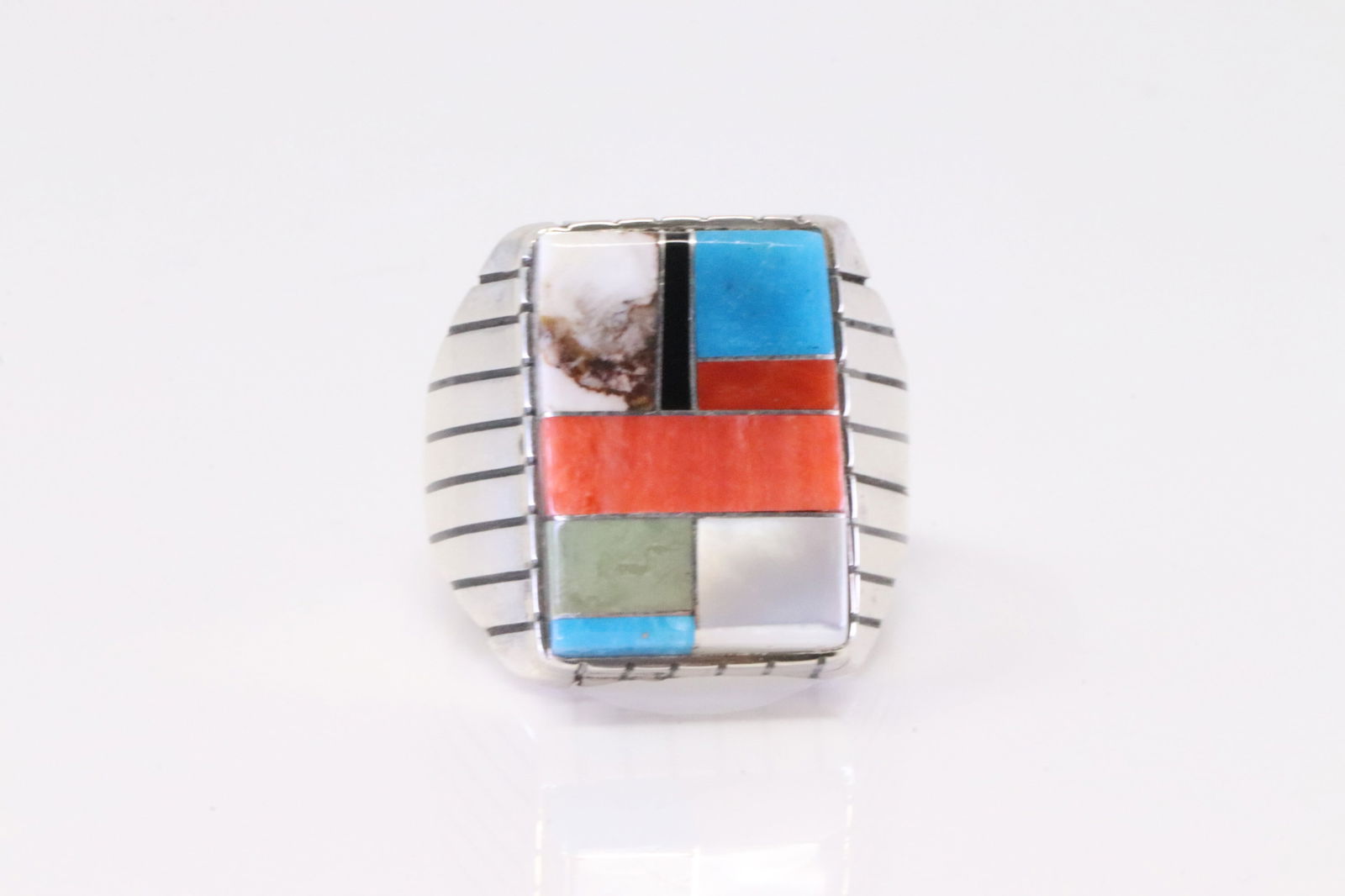 Native American Navajo Sterling Silver Multi-color Inlay Ring By R.: This is a Native American Navajo Sterling Silver Multi-color Inlay Ring By R. Ring size: 10.50.