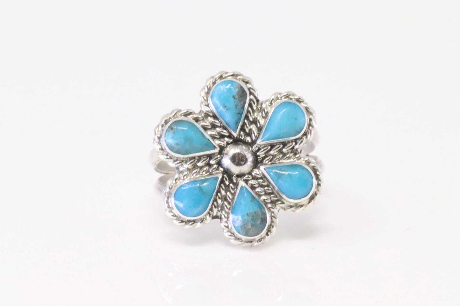 Native America Navajo Sterling Silver Turquoise Flower Ring By M.G.D. (1 of 4)