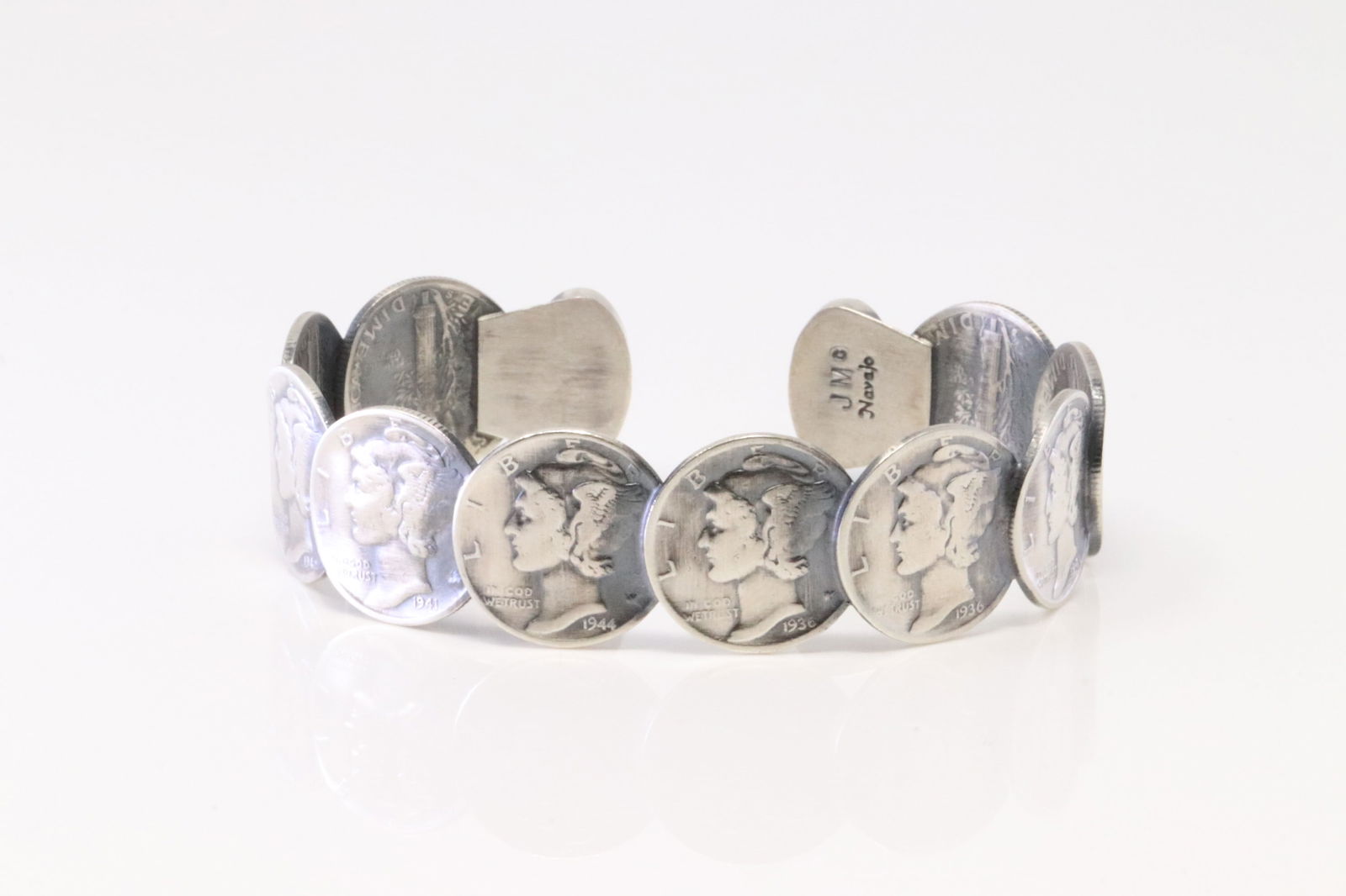 Native America Navajo Sterling Silver Turquoise Dime Bracelet Cuff By James McCabe. (1 of 4)