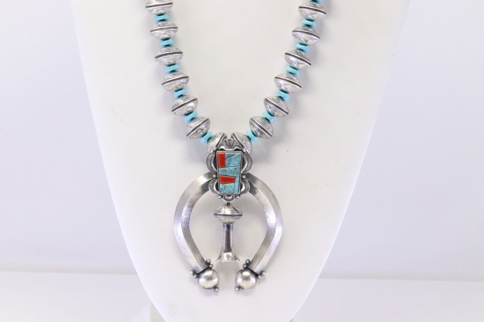 Native America Navajo Sterling Silver Coral & Turquoise Coin Necklace with Naja Pendant this is (1 of 5)