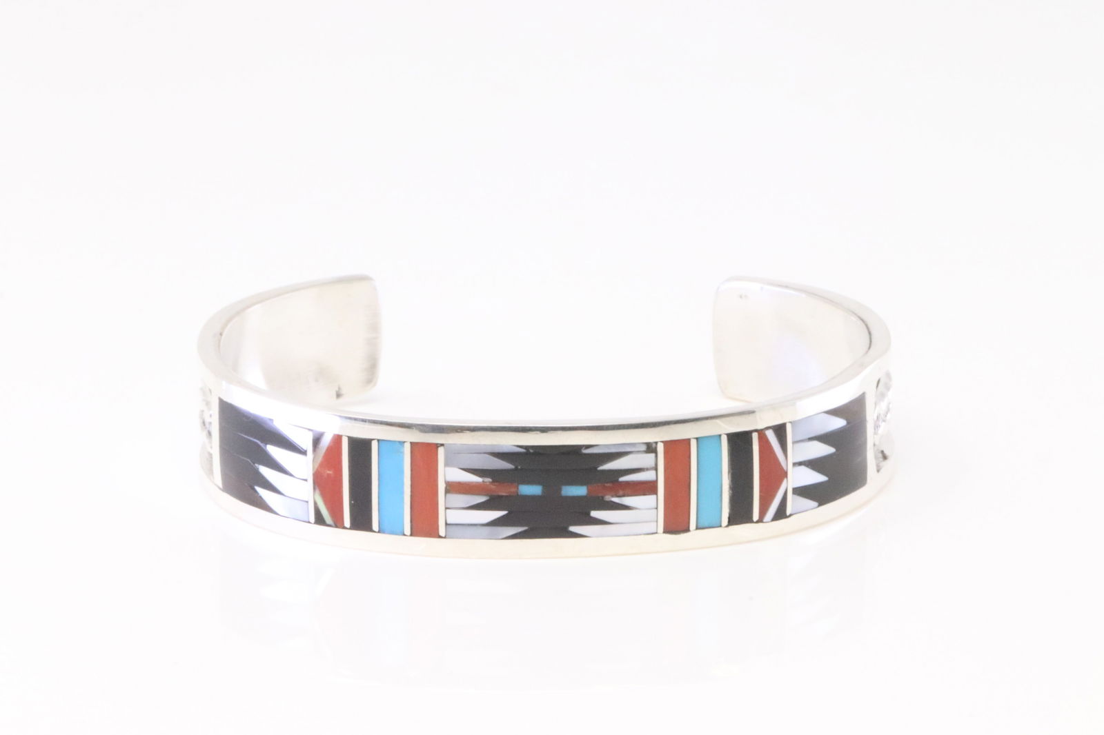 Native America Zuni Sterling Silver Multi-Color Inlay Bracelet Cuff By Charlotte Dishta. (1 of 4)