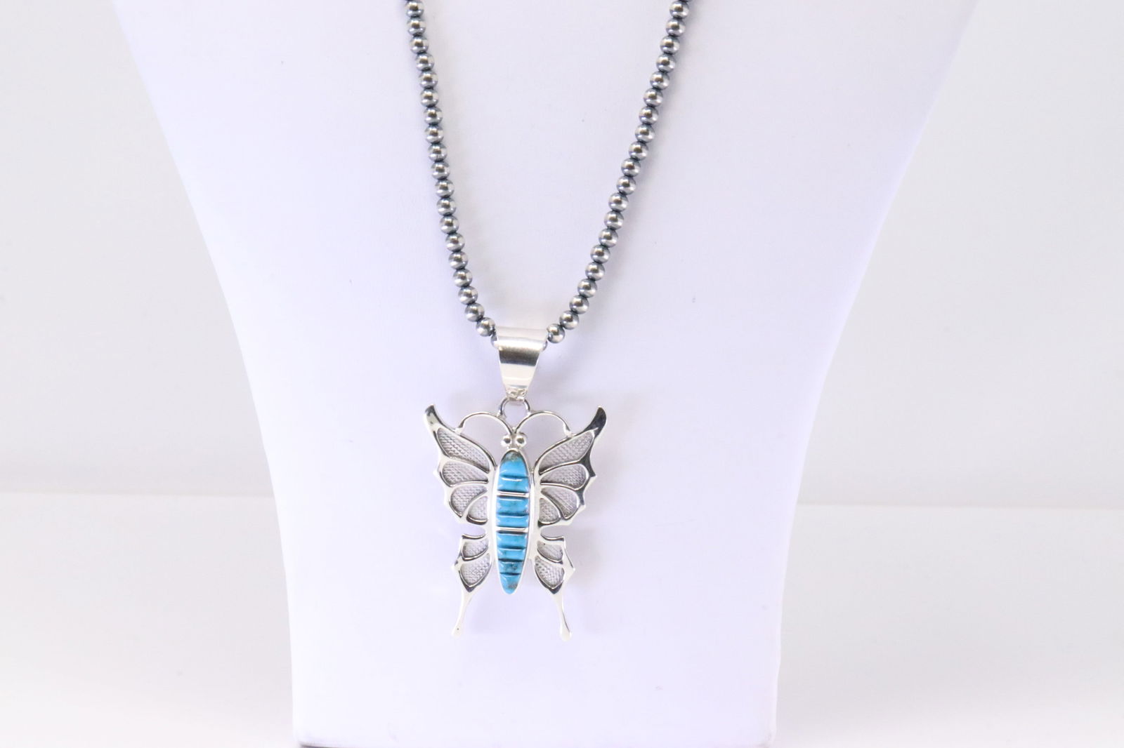 Native America Navajo Sterling Silver Turquoise Butterfly Pendant By C.A. With Pearl Beaded Sterling (1 of 4)