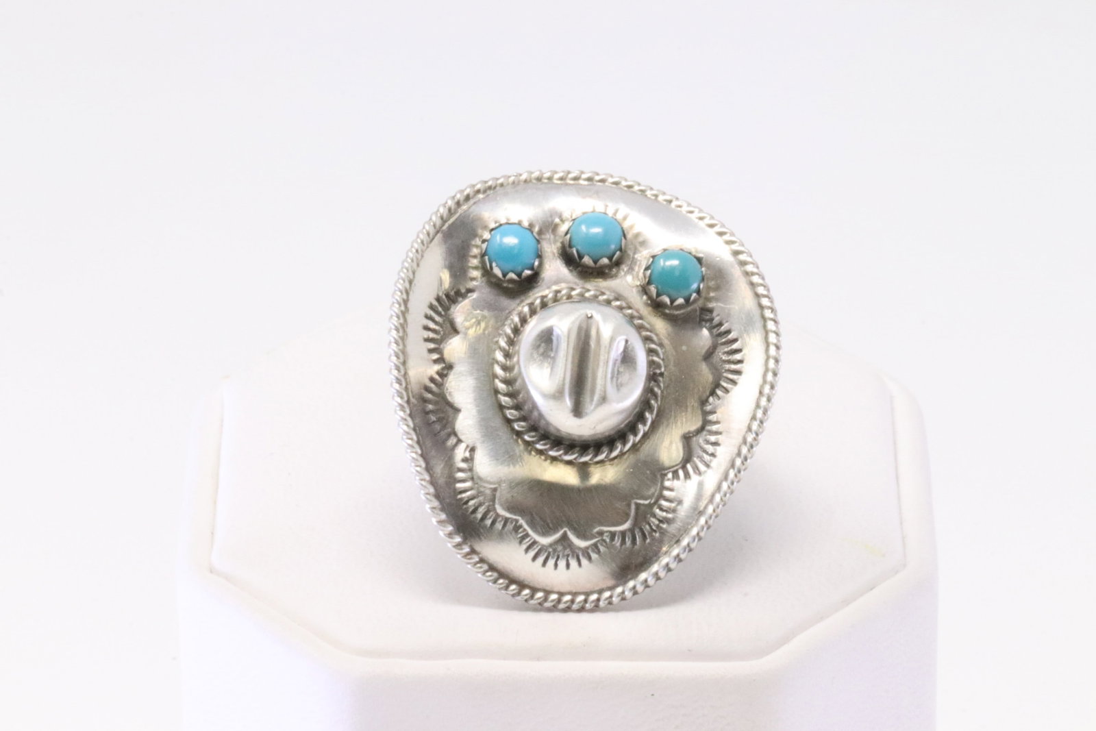 Native America Navajo Sterling Silver Turquoise Hat Cowboy Ring By Bobby Platero.: This is a Native America Navajo Sterling Silver Turquoise Hat Cowboy Ring By Bobby Platero. Ring size: 8.00.