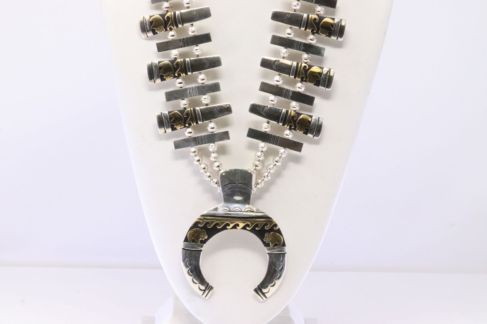 Native America Navajo Sterling Silver Buffalo Squash Necklace By Thomas