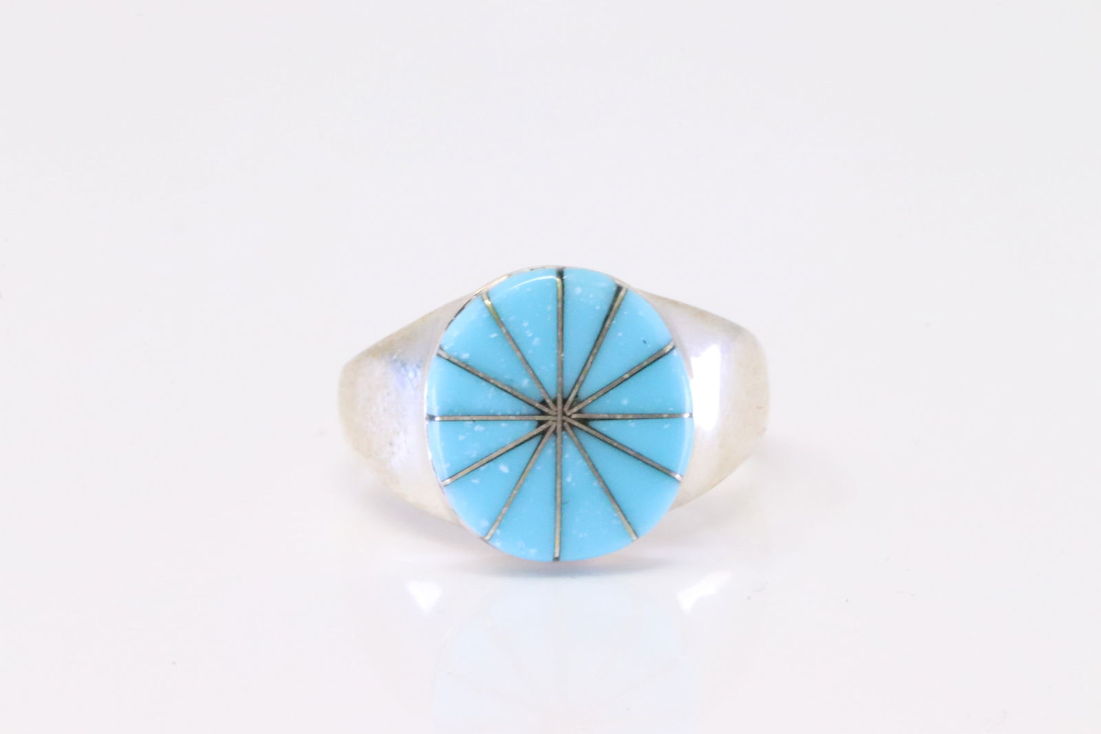 Native American Zuni Sterling Silver Turquoise Inlay Flower Ring By J.L. (1 of 4)