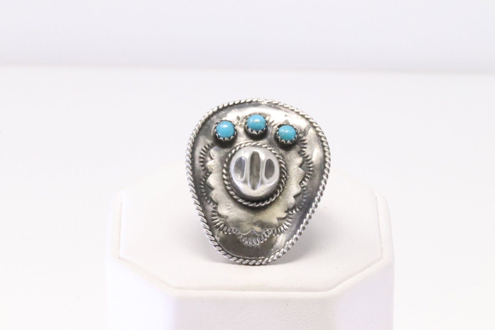 Native America Navajo Sterling Silver Turquoise Cowboy Hat Ring By Bobby Platero.: This is a Native America Navajo Sterling Silver Turquoise Cowboy Hat Ring By Bobby Platero. Ring size: 7.25.