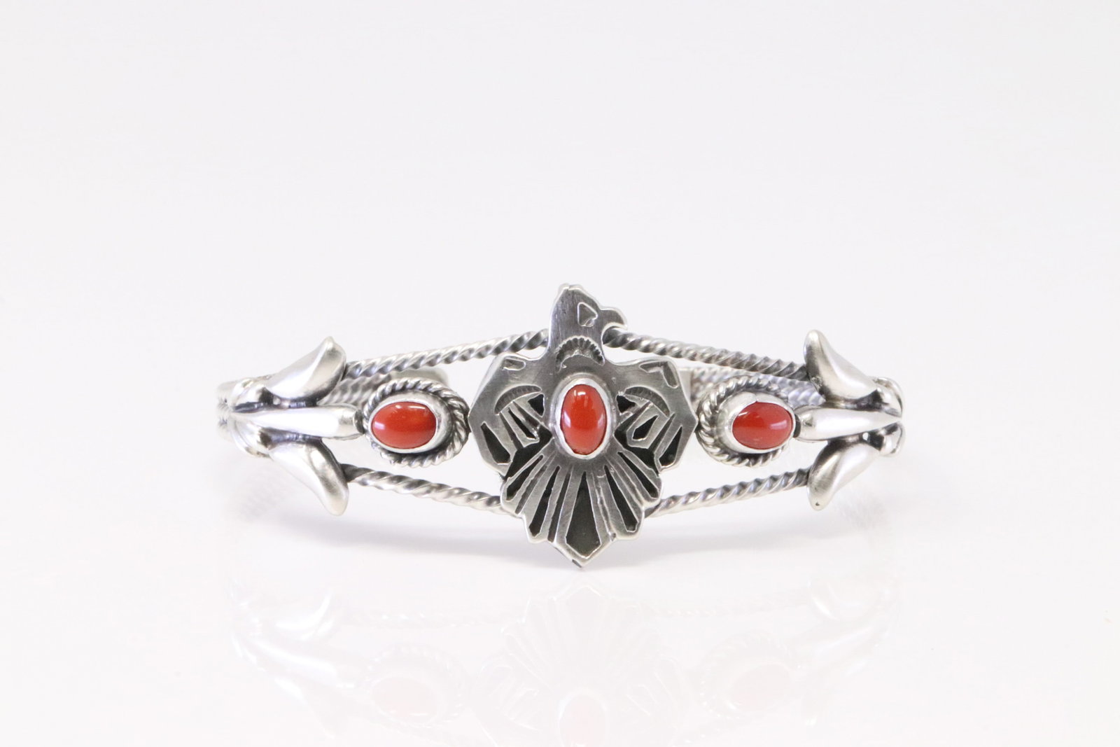 Native America Navajo Sterling Silver Coral Thunderbird Bracelet Cuff By Bobby Platero.: This is a Native America Navajo Sterling Silver Coral Thunderbird Bracelet Cuff By Bobby Platero.