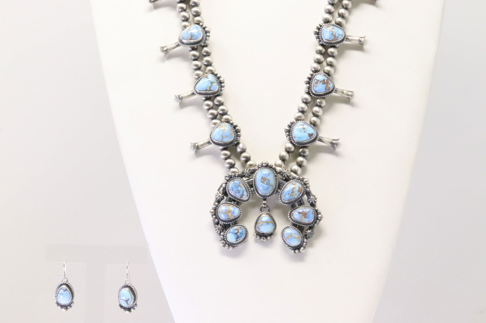 Native American Navajo Sterling Silver Golden Hills Squash Blossom Necklace & Earring's Set By By (1 of 9)