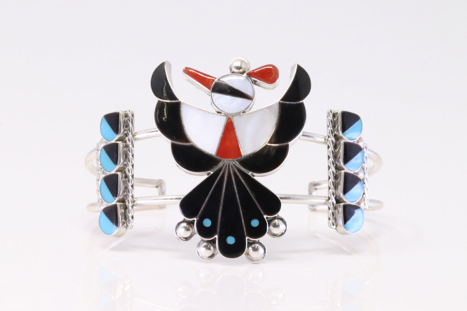 Native America Zuni Sterling Silver Multi-Color Stone Inlay Thunderbird Bracelet By Leagus Ahiyite. (1 of 4)