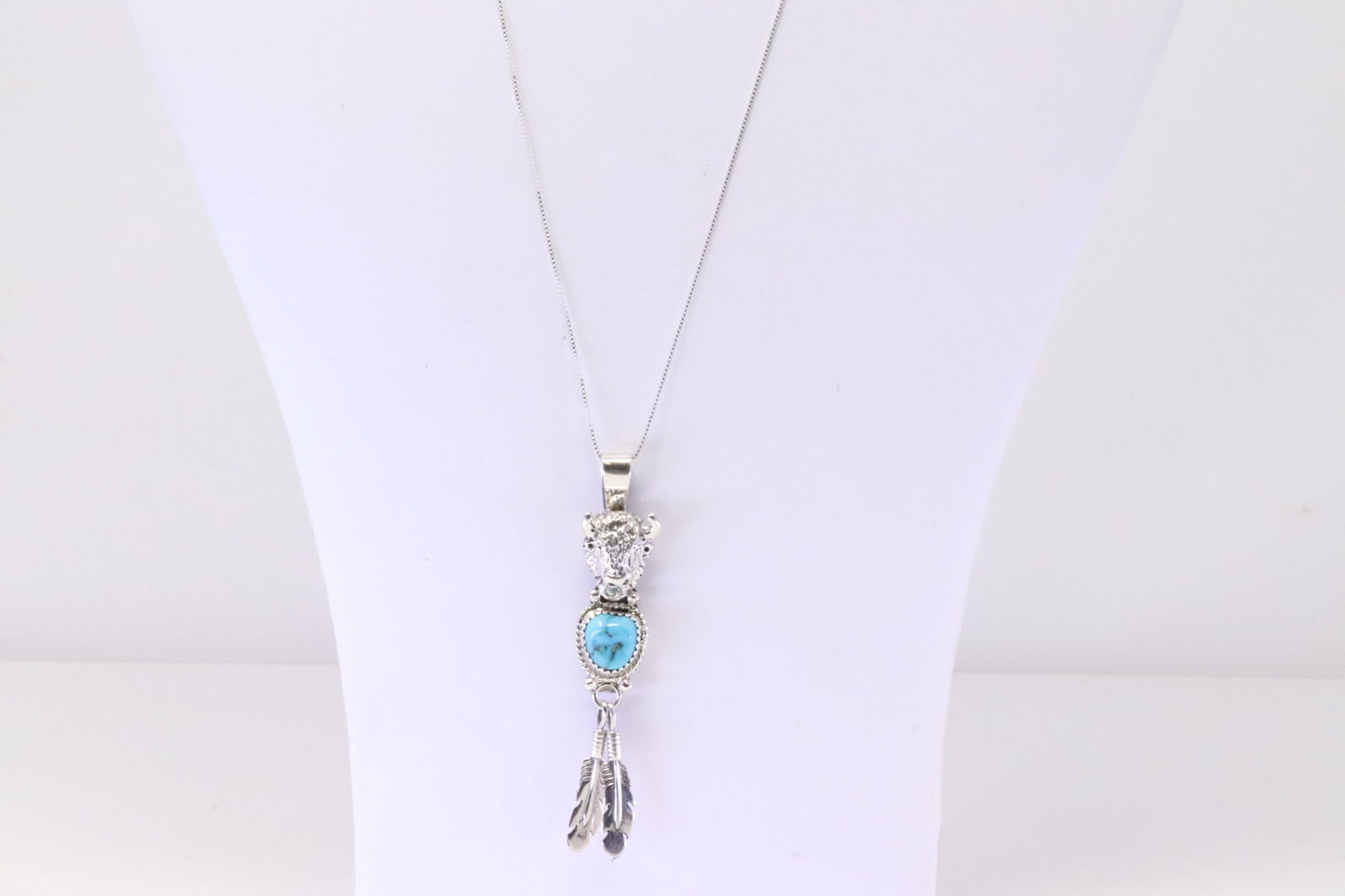 Native American Navajo Sterling Silver Turquoise Head Buffalo Pendant By Genevieve Francisco. With A (1 of 4)