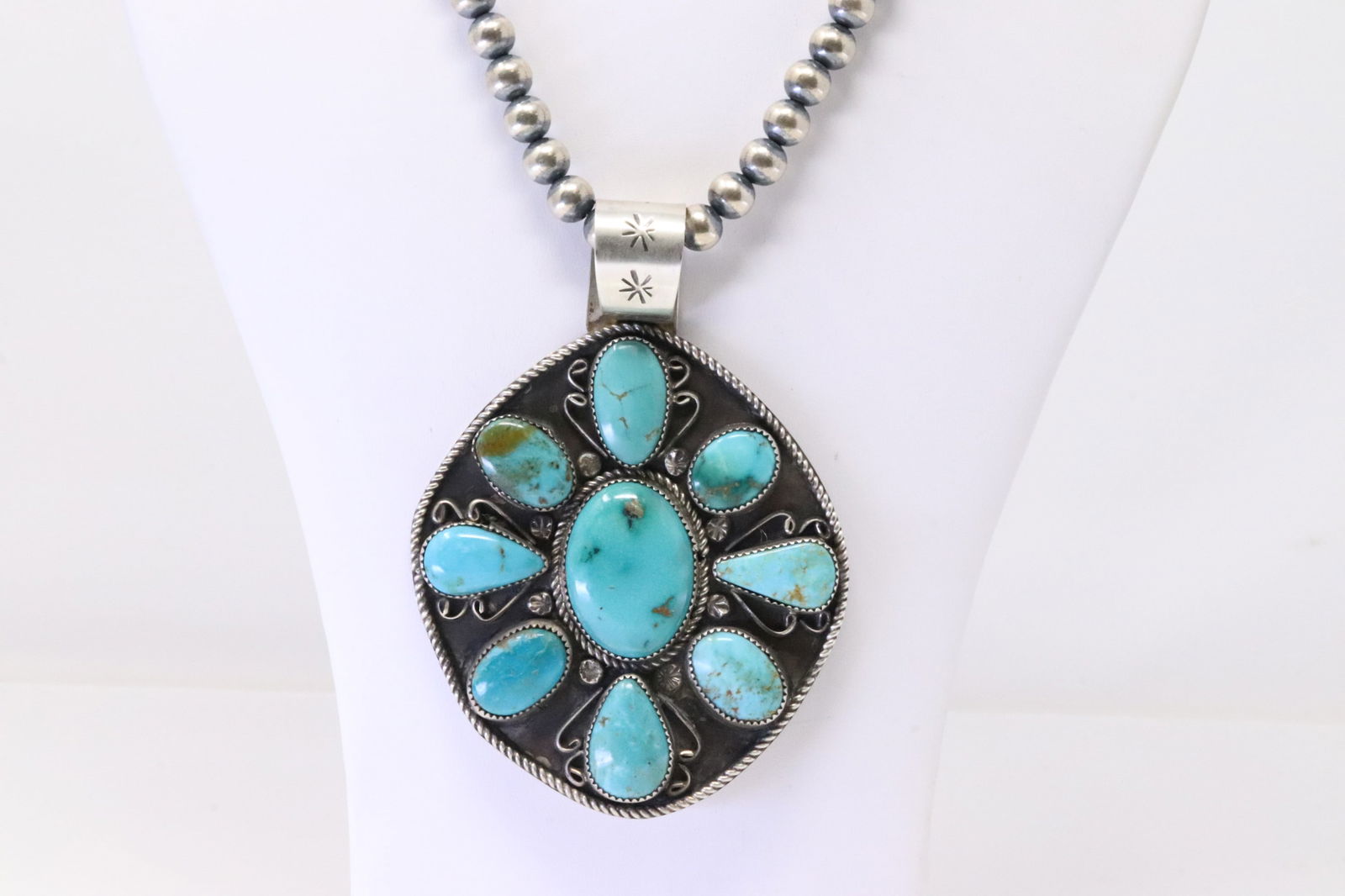 Native America Navajo Sterling Silver Kingman Turquoise Pendant By Herold Henio. With Pearl Beaded (1 of 4)