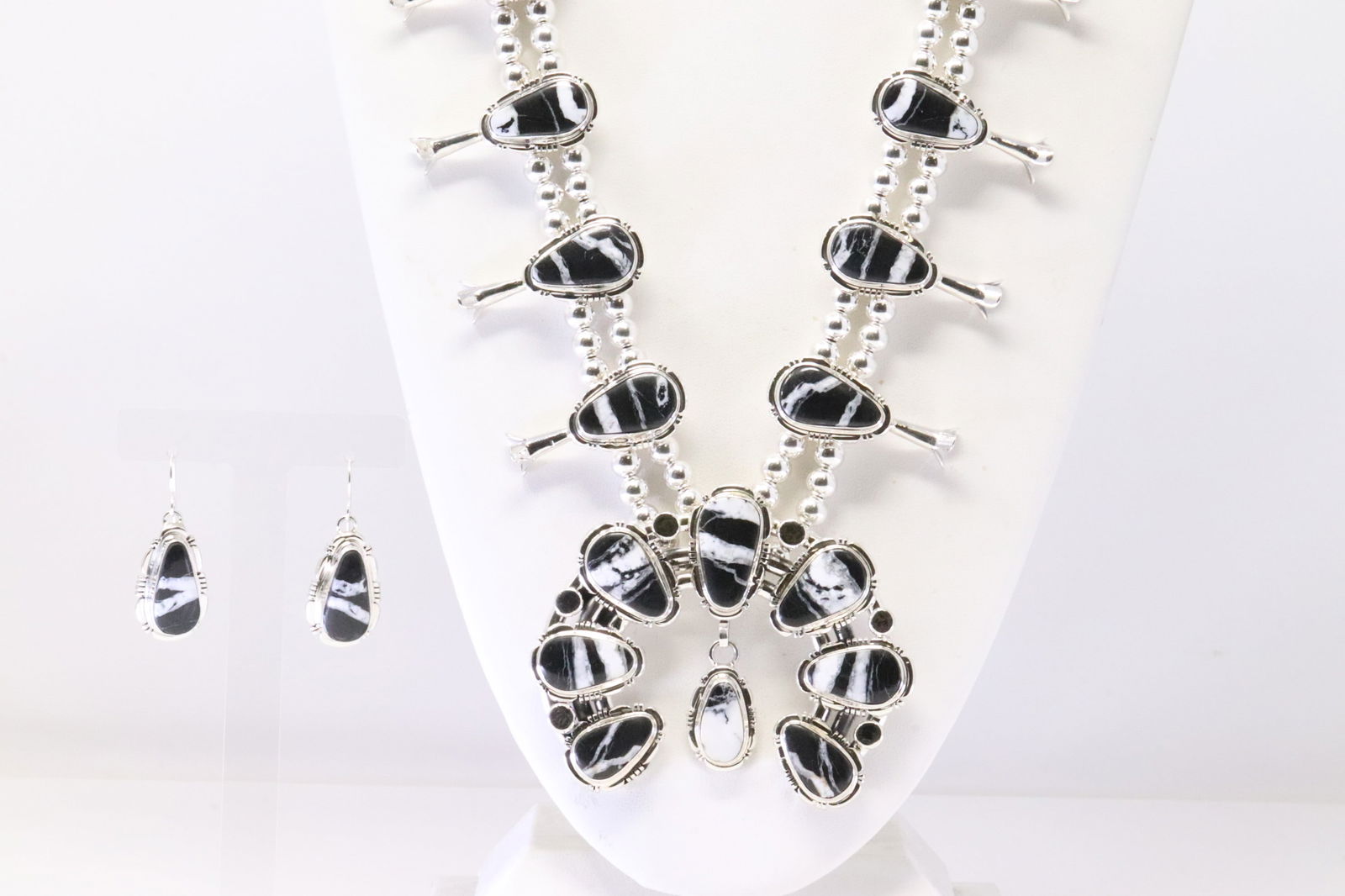 Native America Navajo Sterling Silver White Buffalo Squash Blossom Necklace & Earring's Set By (1 of 8)