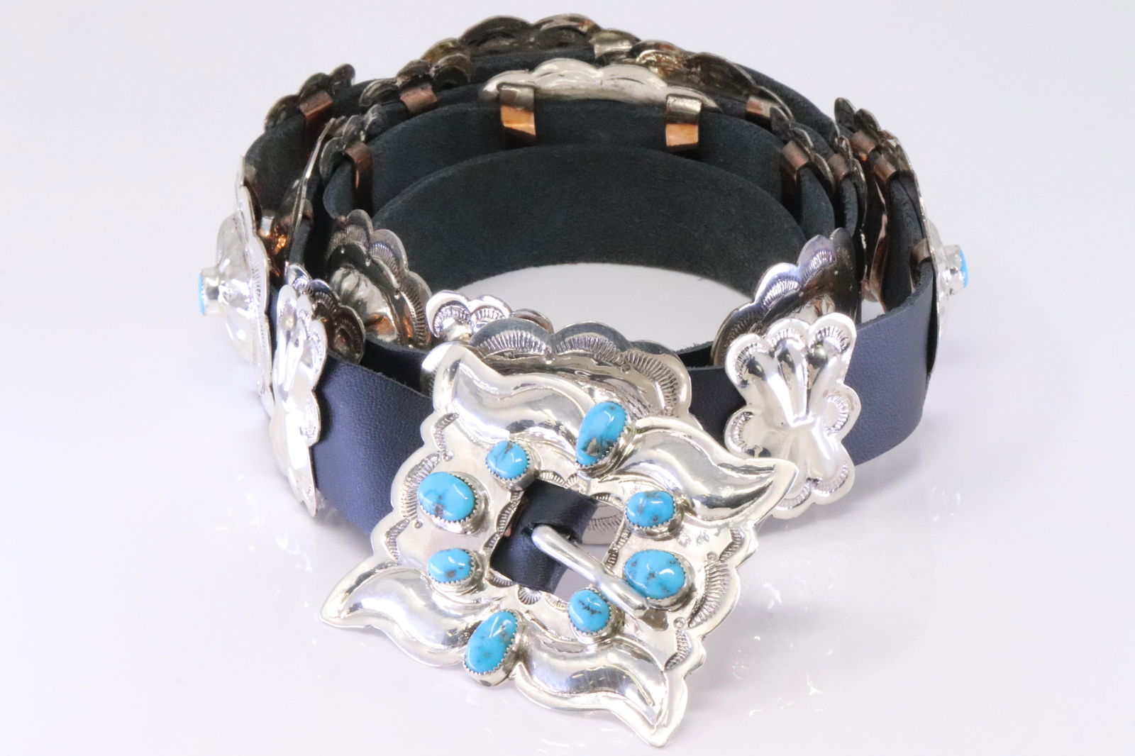 Native American Navajo Sterling Silver Turquoise Cocho Leather Belt By A. (1 of 6)