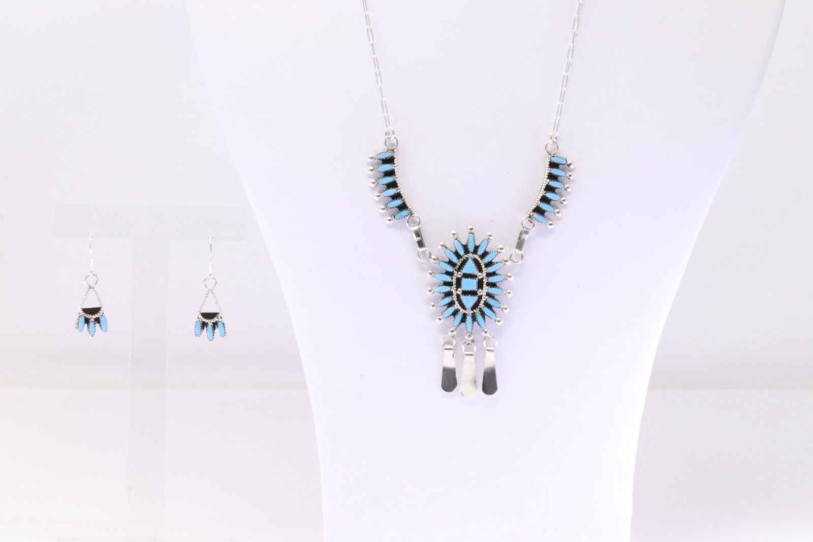 Native American Zuni Sterling Silver Turquoise Necklace & Earring's Set By Evonne Hustito. (1 of 6)