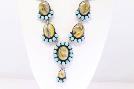 Native America Navajo Sterling Silver Bumble Bee Jasper & Turquoise Necklace By K.Y.: This is a Native America Navajo Sterling Silver Bumble Bee Jasper & Turquoise Necklace By K.Y. Necklace length: 24.00"