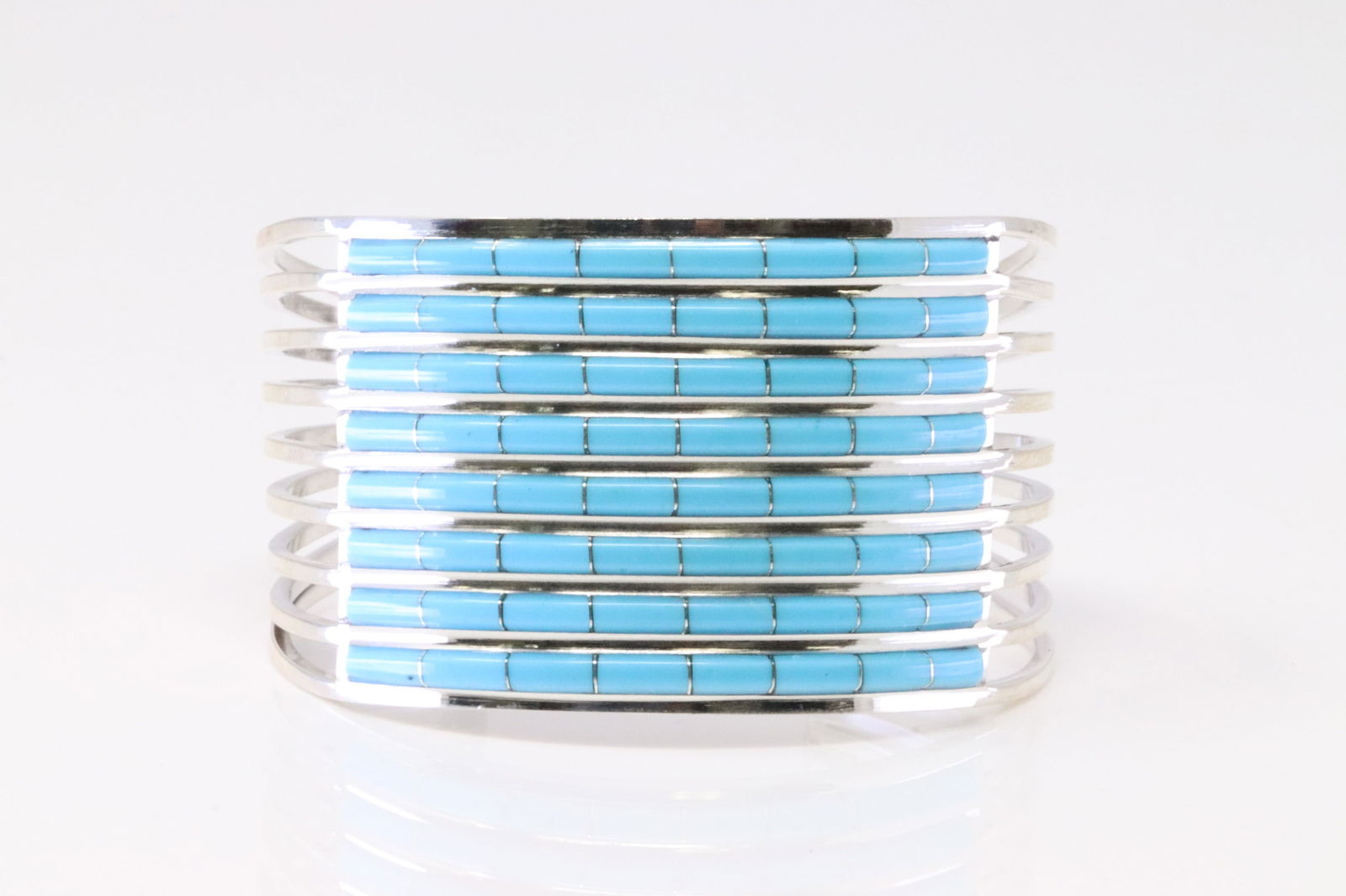 Native America Zuni Sterling Silver Turquoise Inlay Bracelet By A.L.W. (1 of 4)