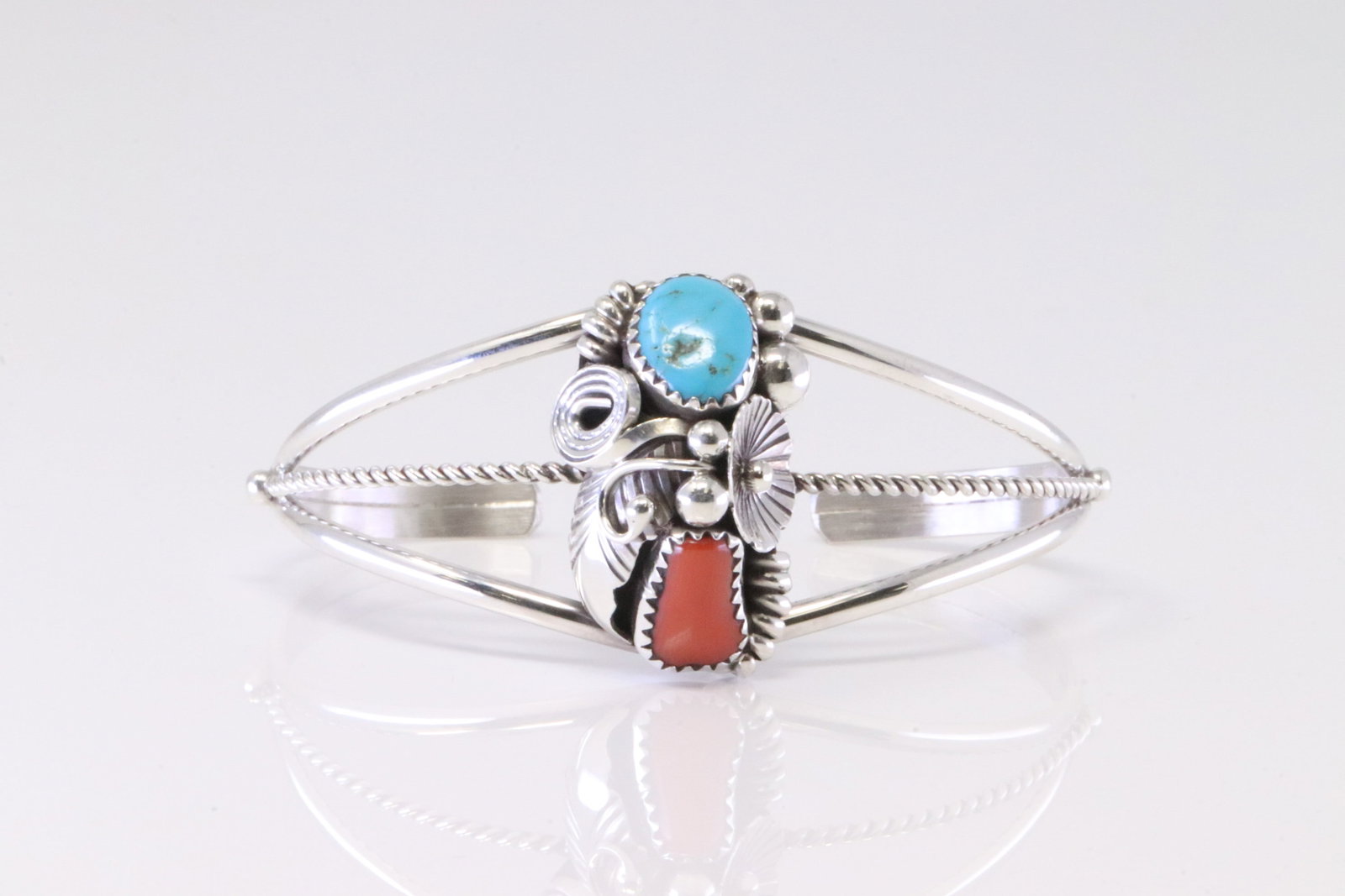Native America Navajo Sterling Silver Coral & Turquoise Bracelet Cuff By Max Calladitto.: This is a Native America Navajo Sterling Silver Coral & Turquoise Bracelet Cuff By Max Calladitto.