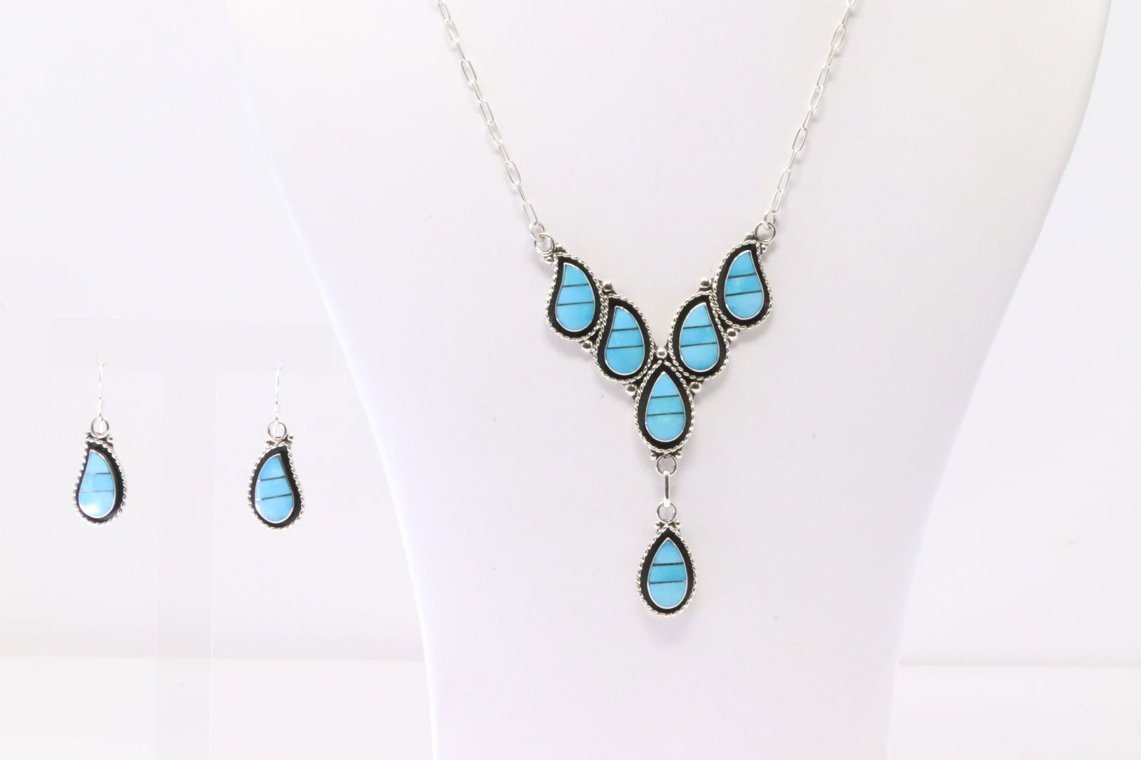 Native American Zuni Sterling Silver Turquoise Inlay Necklace & Earring's Set By Faye Lowsayate. (1 of 5)