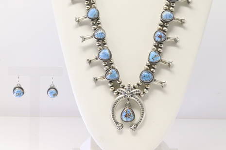 Native America Navajo Sterling Silver Golden Hills Turquoise Squash Blossom Necklace & Earring's Set: This is a Native America Navajo Sterling Silver Golden Hills Turquoise Squash Blossom Necklace & Earring's Set By Thomas Francisco. Necklace length: 26.00" Total weight: 125.50 Grams.