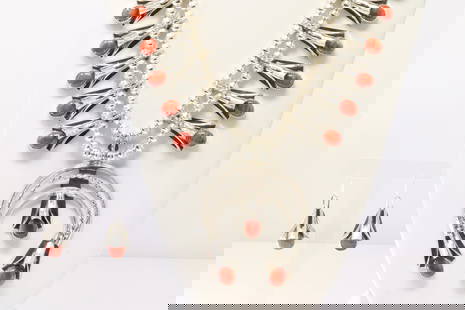 Native America Navajo Sterling Silver Spiny Oyster Squash Blossom Necklace & Earring's Set By L.Y.: This is a Native America Navajo Handmade Sterling Silver Spiny Oyster Squash Blossom Necklace & Earring's Set By L.Y. Necklace length: 24.00"