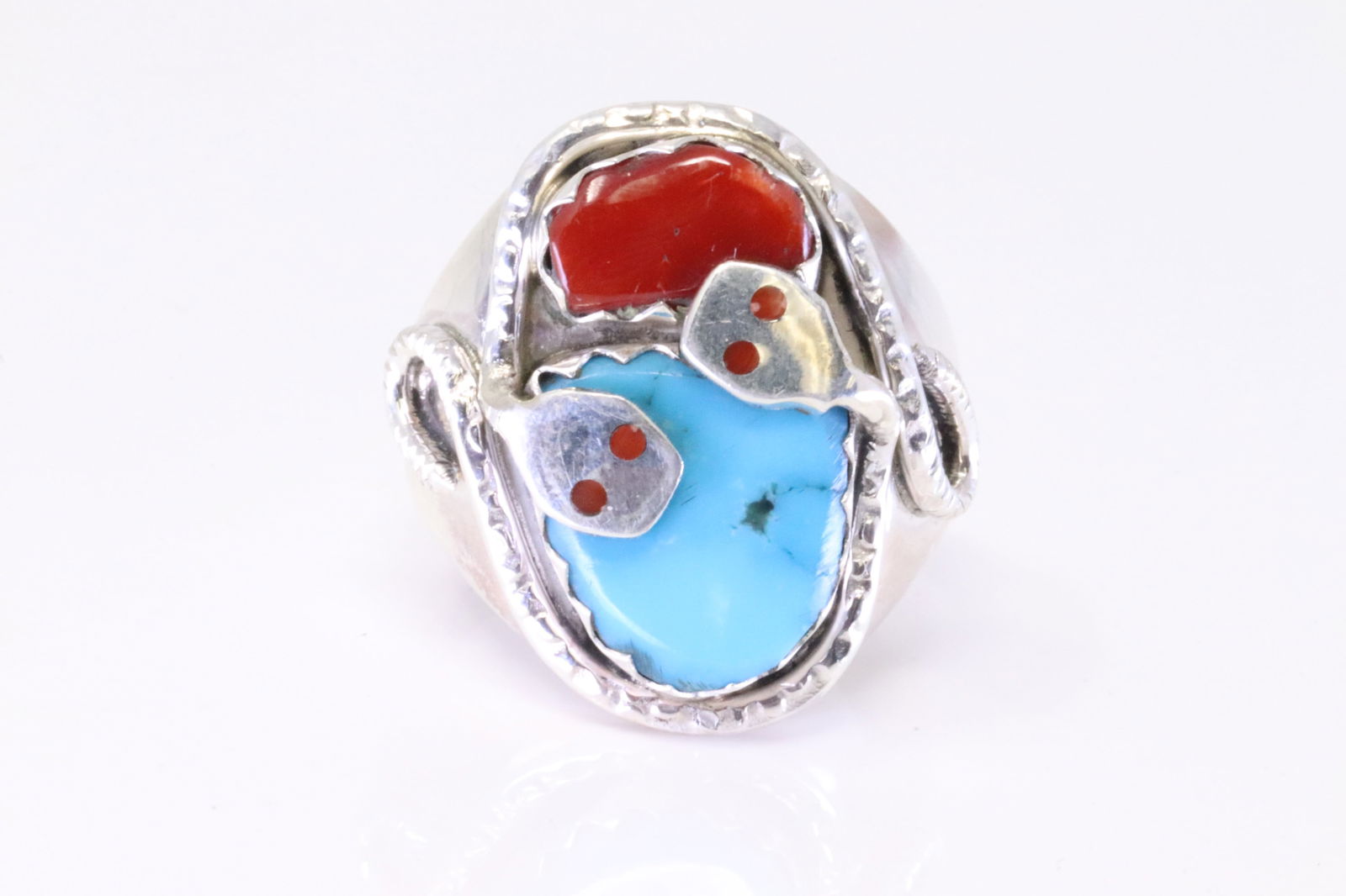 Native America Zuni Sterling Silver Coral & Turquoise Ring By Effie C. (1 of 4)