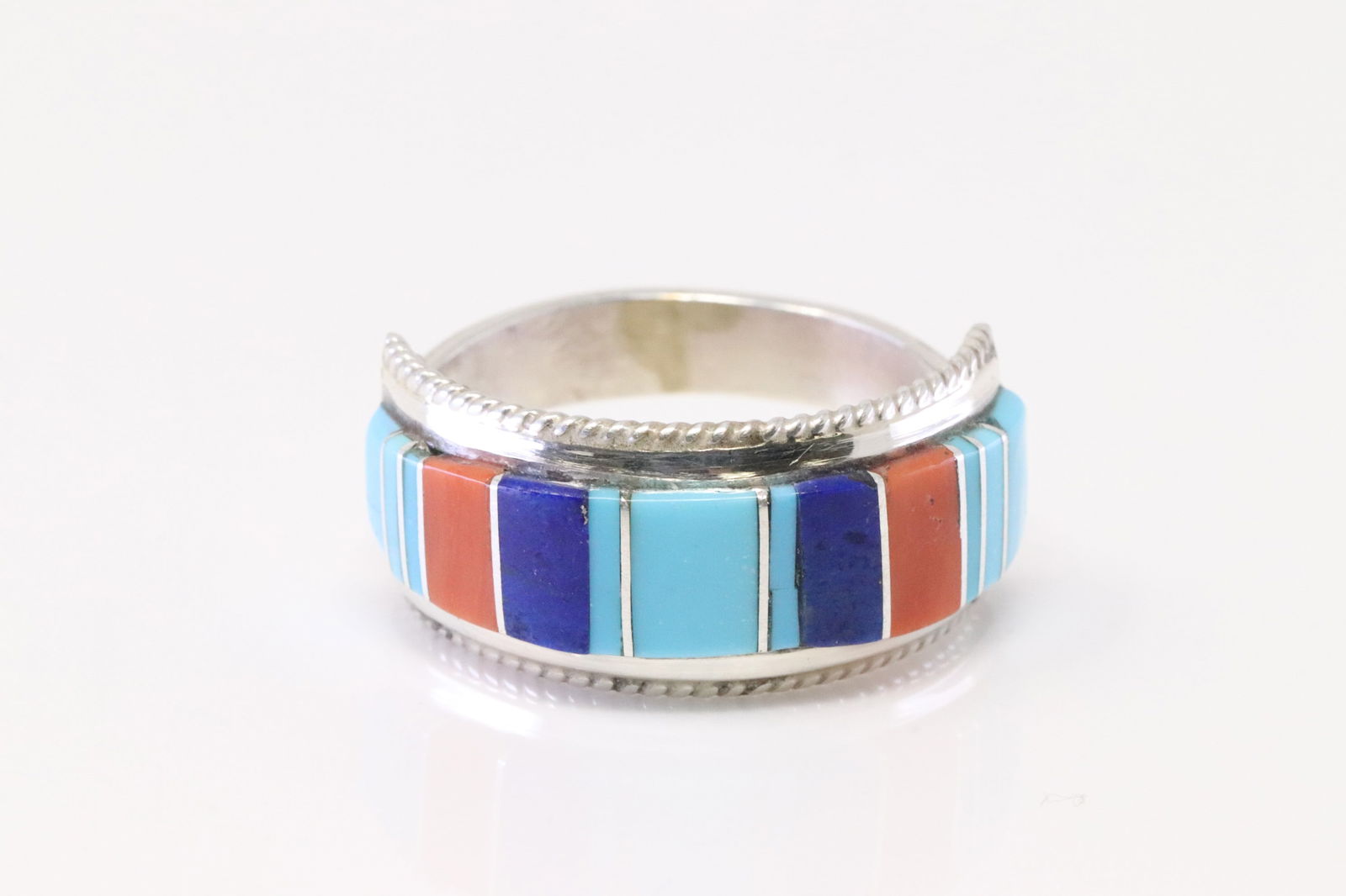 Native America Navajo Sterling Silver Multi-Color Inlay Ring By D.Panteah.: This is a Native America Navajo Sterling Silver Multi-Color Inlay Ring By D.Panteah. Ring size: 12.50.