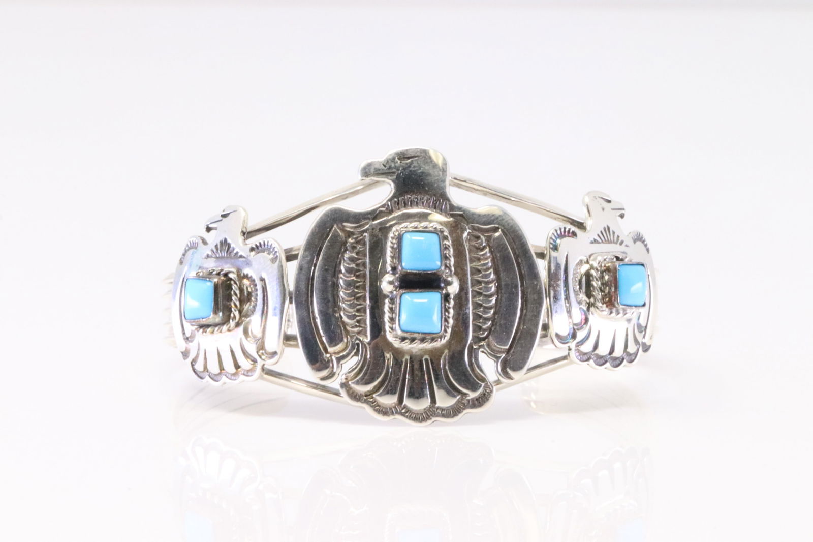 Native America Navajo Sterling Silver Turquoise Bird Bracelet By R.B. (1 of 4)