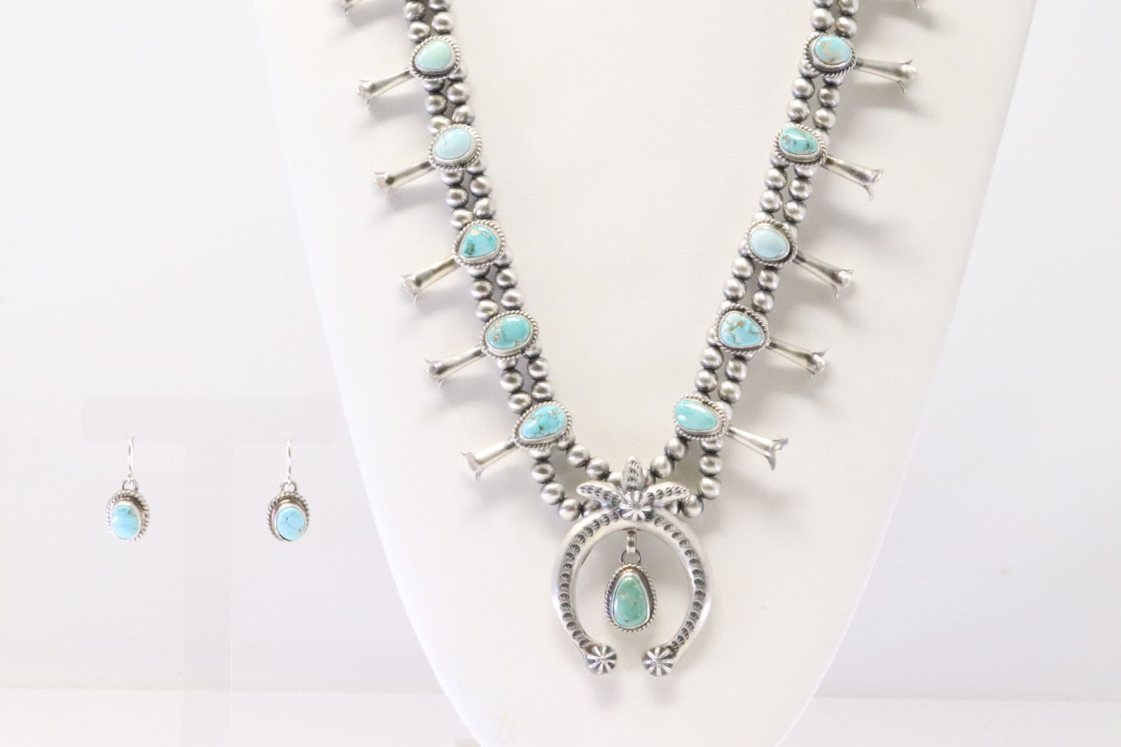 Native America Navajo Sterling Silver Number 8 Turquoise Squash Blossom Necklace & Earring's Set By (1 of 7)