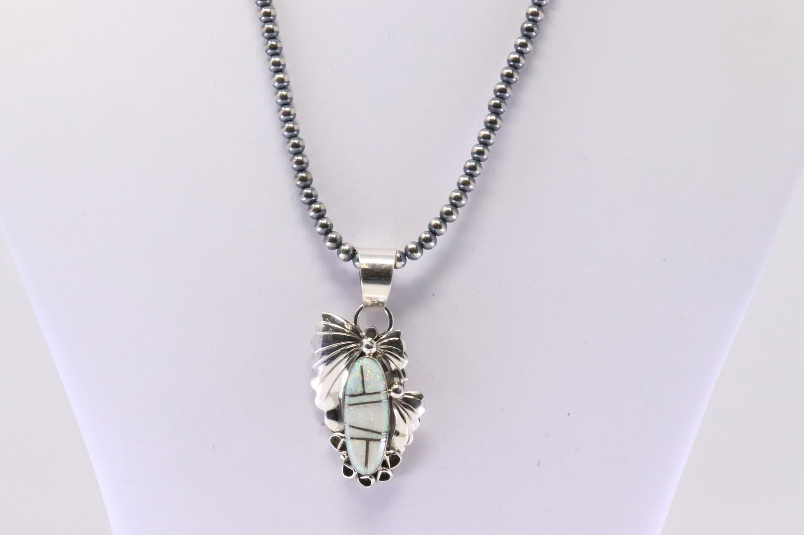 Native American Navajo Sterling Silver Synthetic Opal Pendant By J.Y. With Pearl Beaded Sterling (1 of 4)