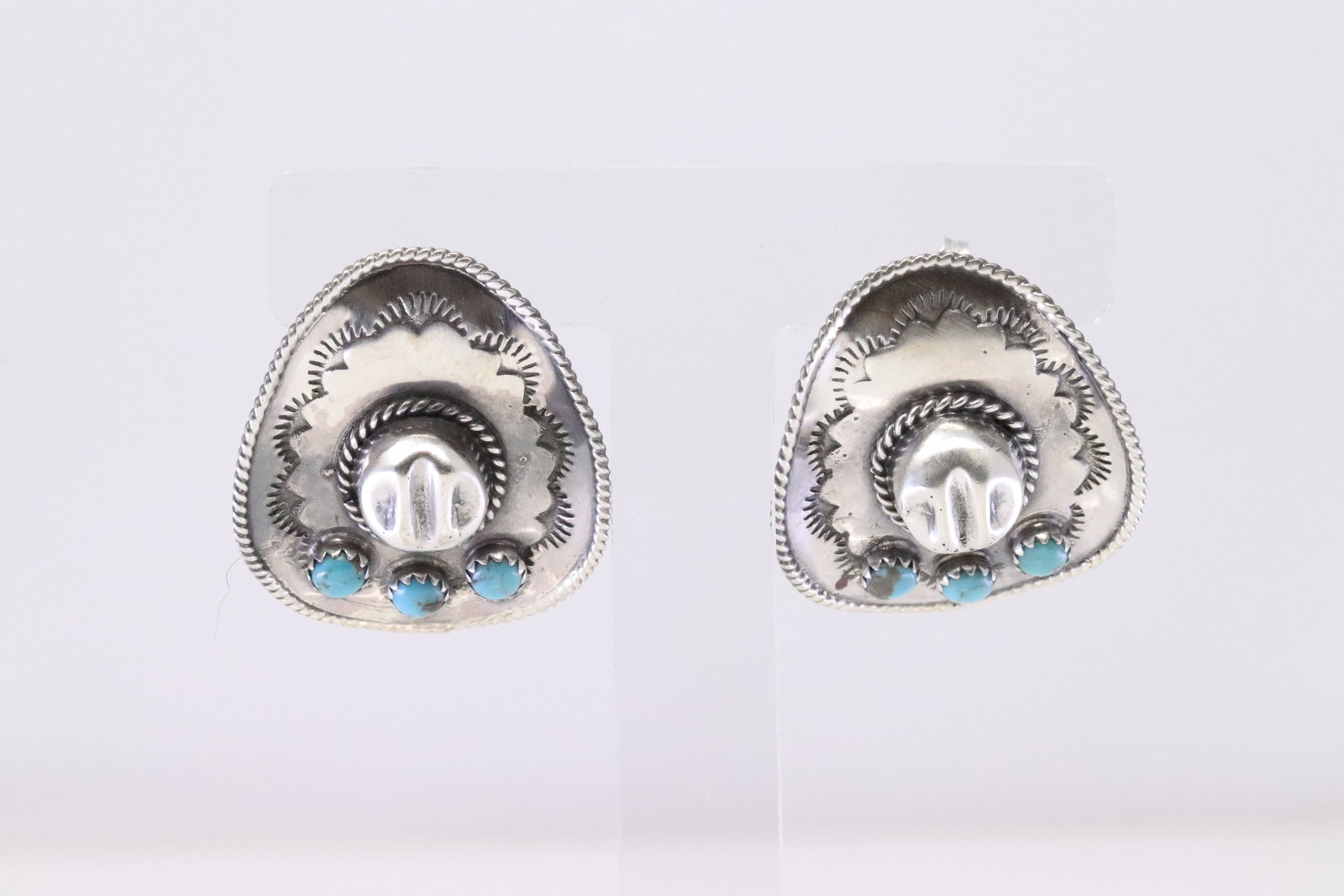 Native America Navajo Sterling Silver Turquoise Cowboy Hat Post Earring's By Bobby Platero.: This is a Native America Navajo Sterling Silver Turquoise Cowboy Hat Post Earring's By Bobby Platero.